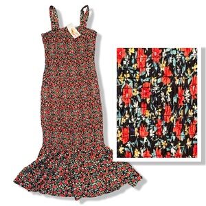 Pretty Garden Floral Pattern Midi Dress Size S Red / Black